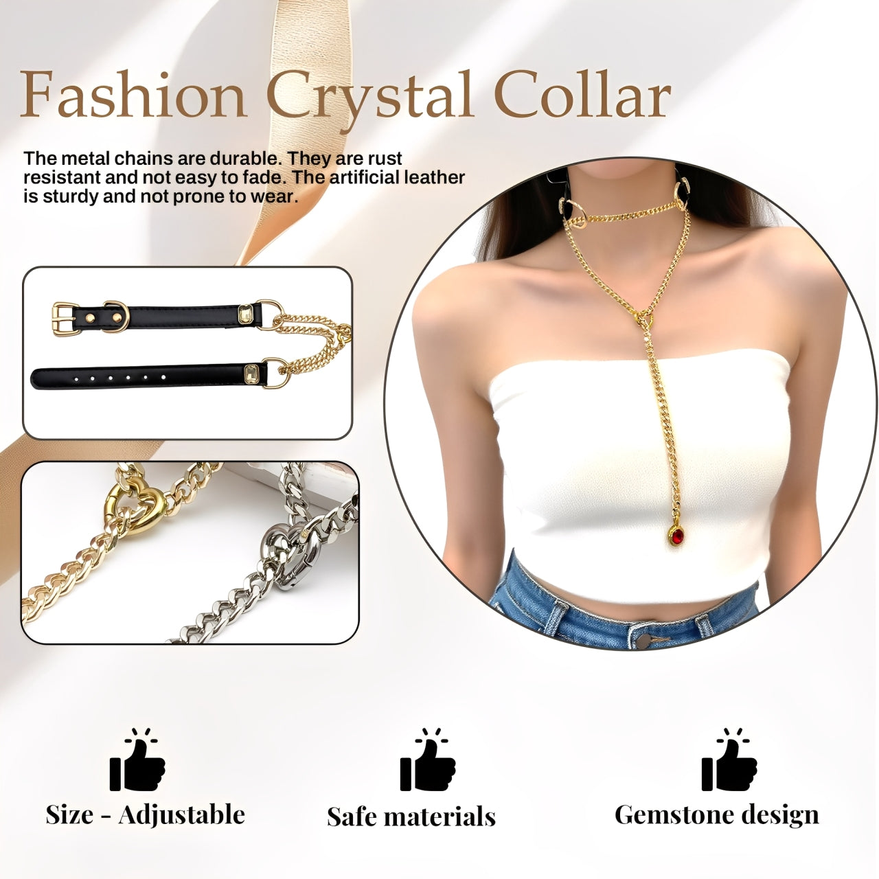 LoveChains™ - Kožený choker s krystalovým přívěskem