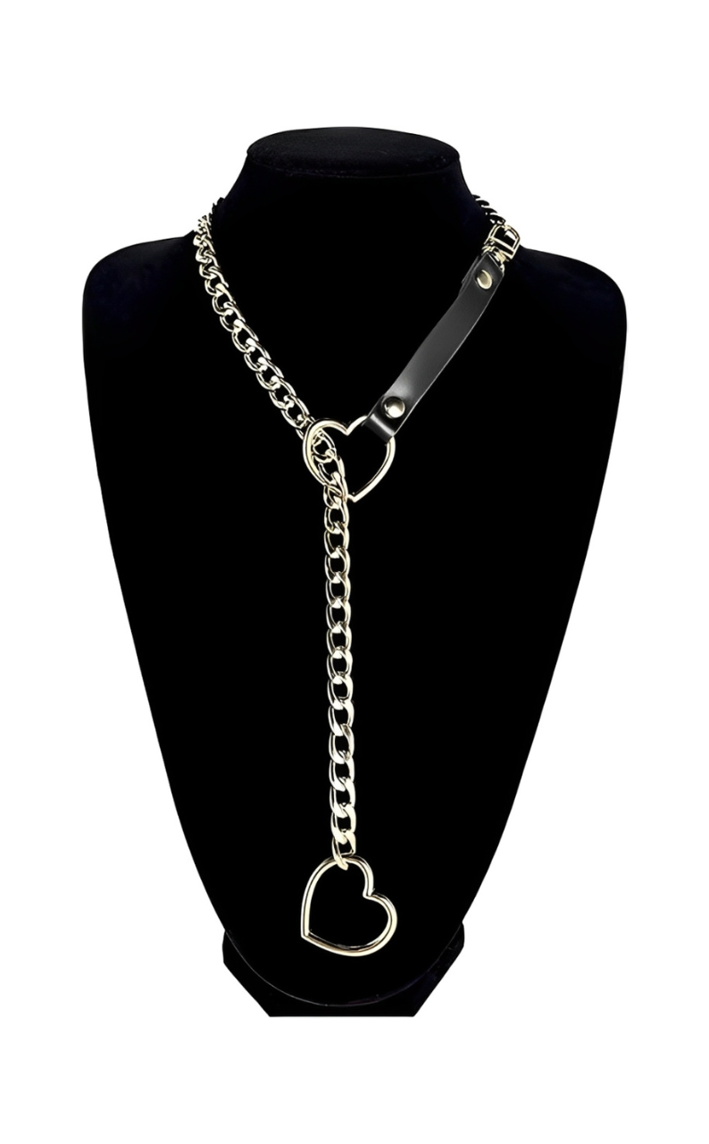 LoveChains™ - Choker s řetízkem a koženým popruhem ve tvaru srdce