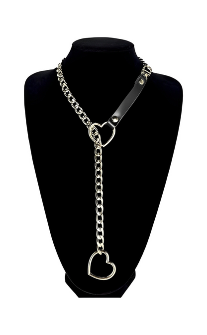 LoveChains™ - Choker s řetízkem a koženým popruhem ve tvaru srdce
