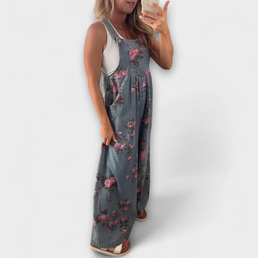 Bethany - Široké džínové laclové kalhoty s květinovým vzorem