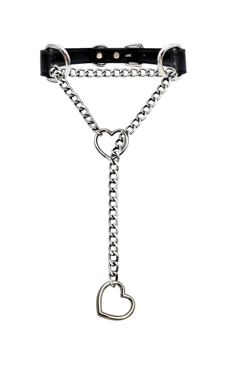 LoveChains™ - Kožený obojek s řetízkem ve tvaru srdce