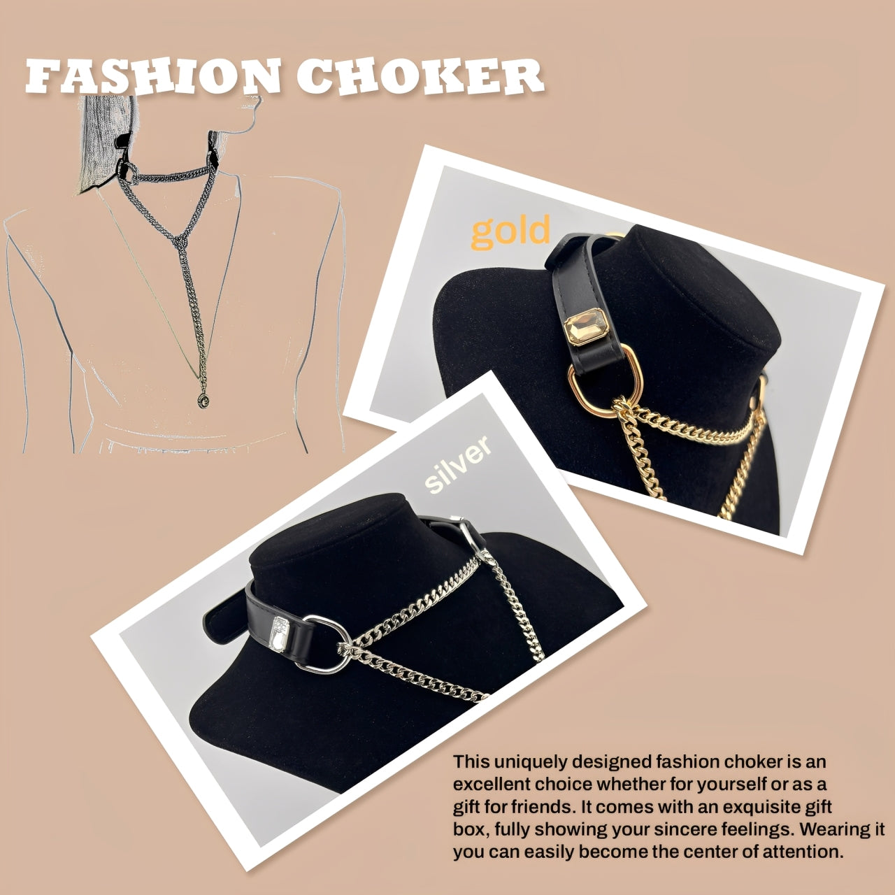 LoveChains™ - Kožený choker s krystalovým přívěskem